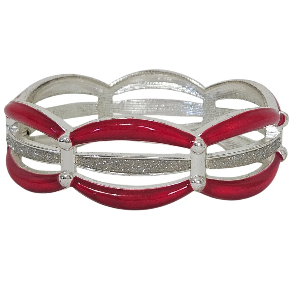 New York & Company Red Enamel Hinged Cuff Bracelet Silver Tone Bangle